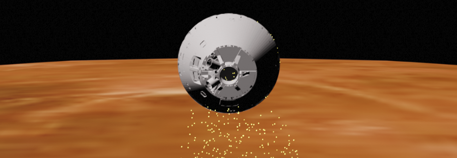 Artist's illustration of an Orion-derived aeroshell performing aerocapture at Venus. Surface color is false color from Magellan data.